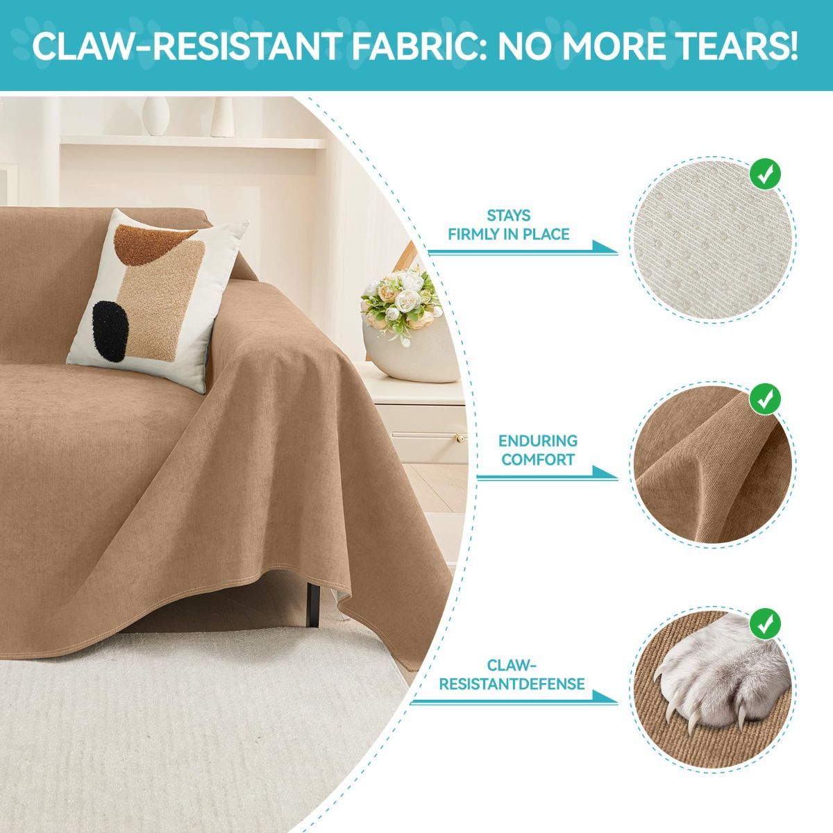 71" x 91" Couch Protector from Cat Claws, Waterproof Couch Cover Anti Slip,Couch Cover 3 Cushion Sofa Washable,Anti-Scratch Pet Sofa Cover Heavy Duty - Brown