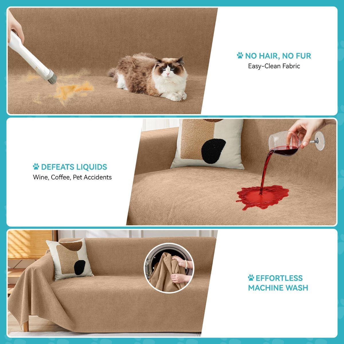 71" x 91" Couch Protector from Cat Claws, Waterproof Couch Cover Anti Slip,Couch Cover 3 Cushion Sofa Washable,Anti-Scratch Pet Sofa Cover Heavy Duty - Brown