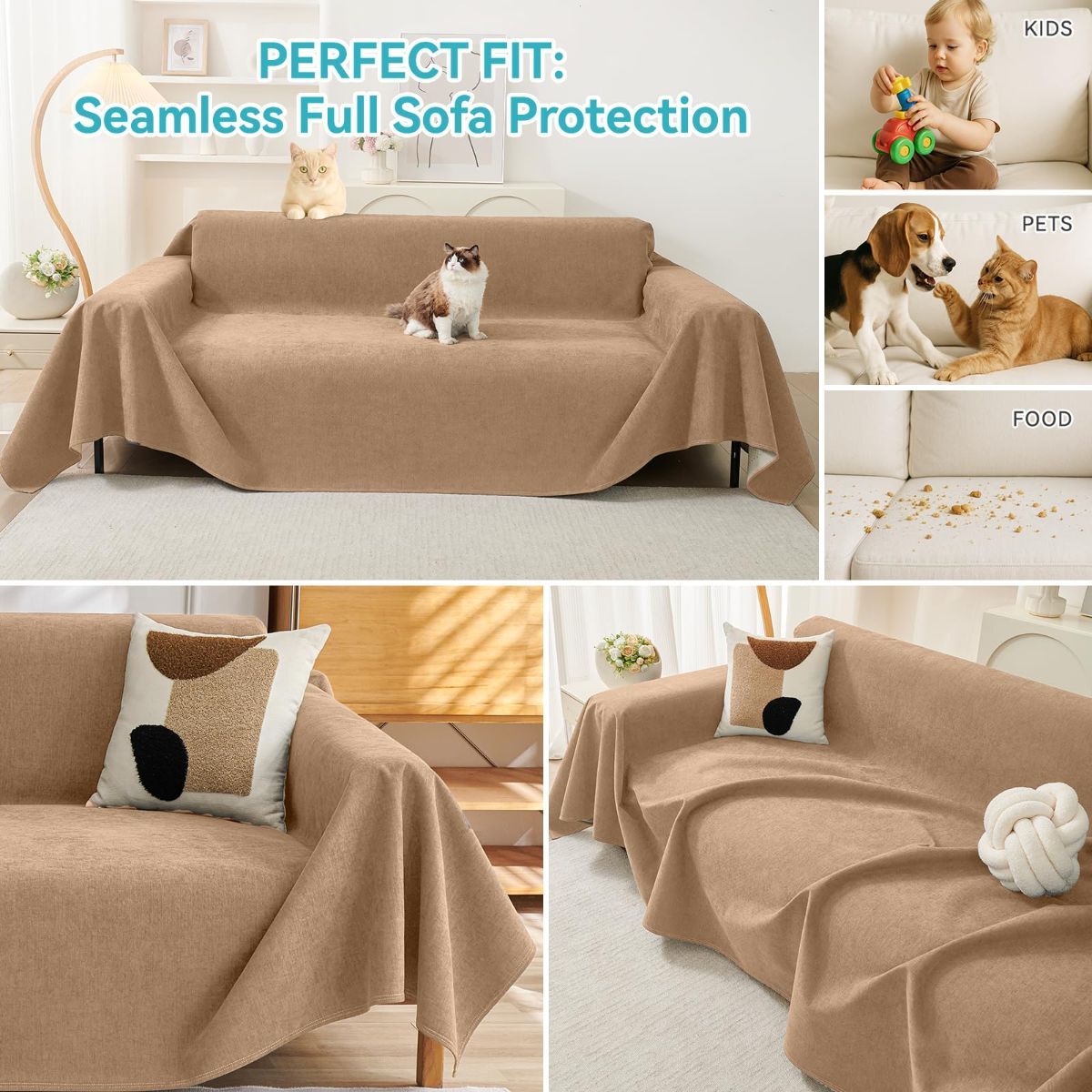 71" x 91" Couch Protector from Cat Claws, Waterproof Couch Cover Anti Slip,Couch Cover 3 Cushion Sofa Washable,Anti-Scratch Pet Sofa Cover Heavy Duty - Brown