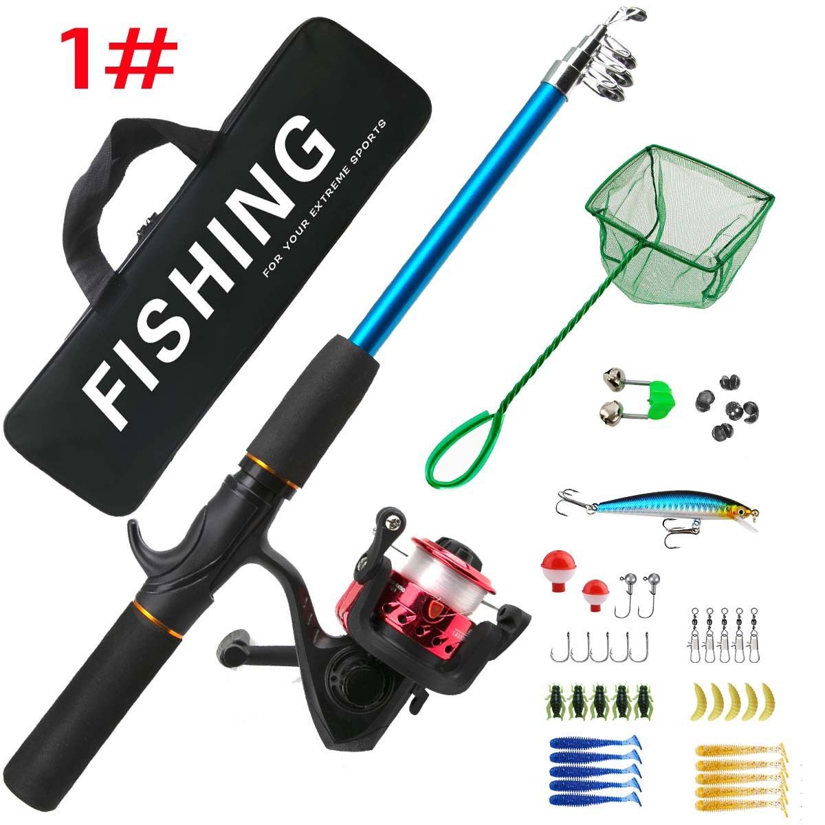 Beginner Fishing Set Fishing Tackles Including Reel Telescopic Rod Float Baits Hook Connector Landing Net & Storage Bag Rod - Green Set 3 - Size 1 Pack