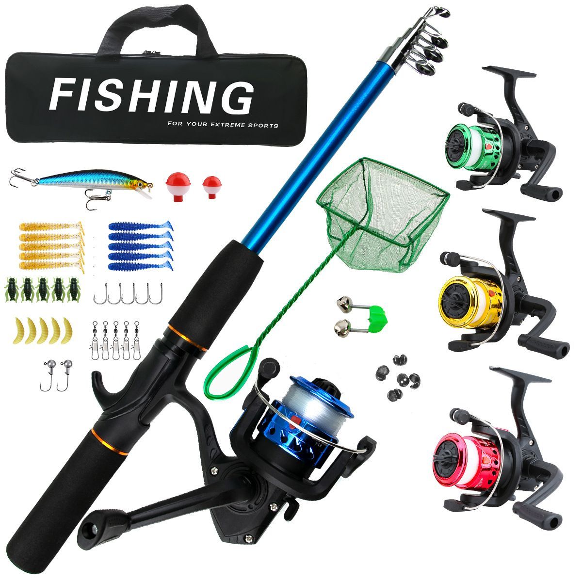 Beginner Fishing Set Fishing Tackles Including Reel Telescopic Rod Float Baits Hook Connector Landing Net & Storage Bag Rod - Green Set 3 - Size 1 Pack