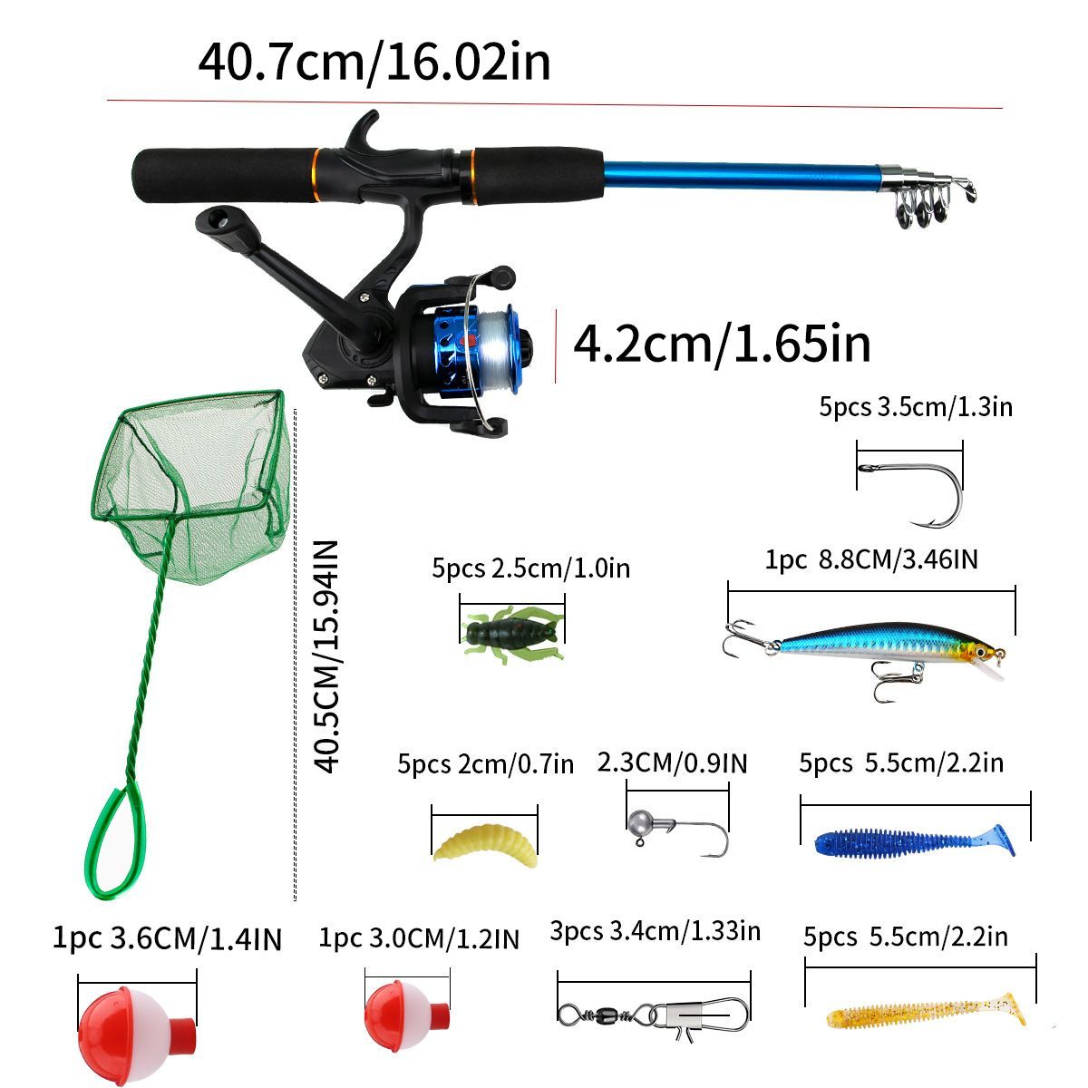 Beginner Fishing Set Fishing Tackles Including Reel Telescopic Rod Float Baits Hook Connector Landing Net & Storage Bag Rod - Green Set 3 - Size 1 Pack