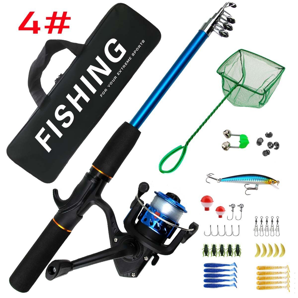 Beginner Fishing Set Fishing Tackles Including Reel Telescopic Rod Float Baits Hook Connector Landing Net & Storage Bag Rod - Green Set 3 - Size 1 Pack
