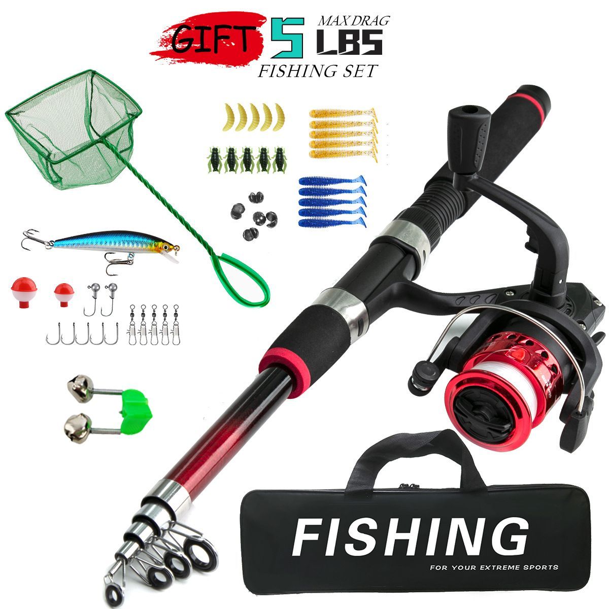 Beginner Fishing Set Fishing Tackles Including Reel Telescopic Rod Float Baits Hook Connector Landing Net & Storage Bag Rod - Green Set 3 - Size 1 Pack