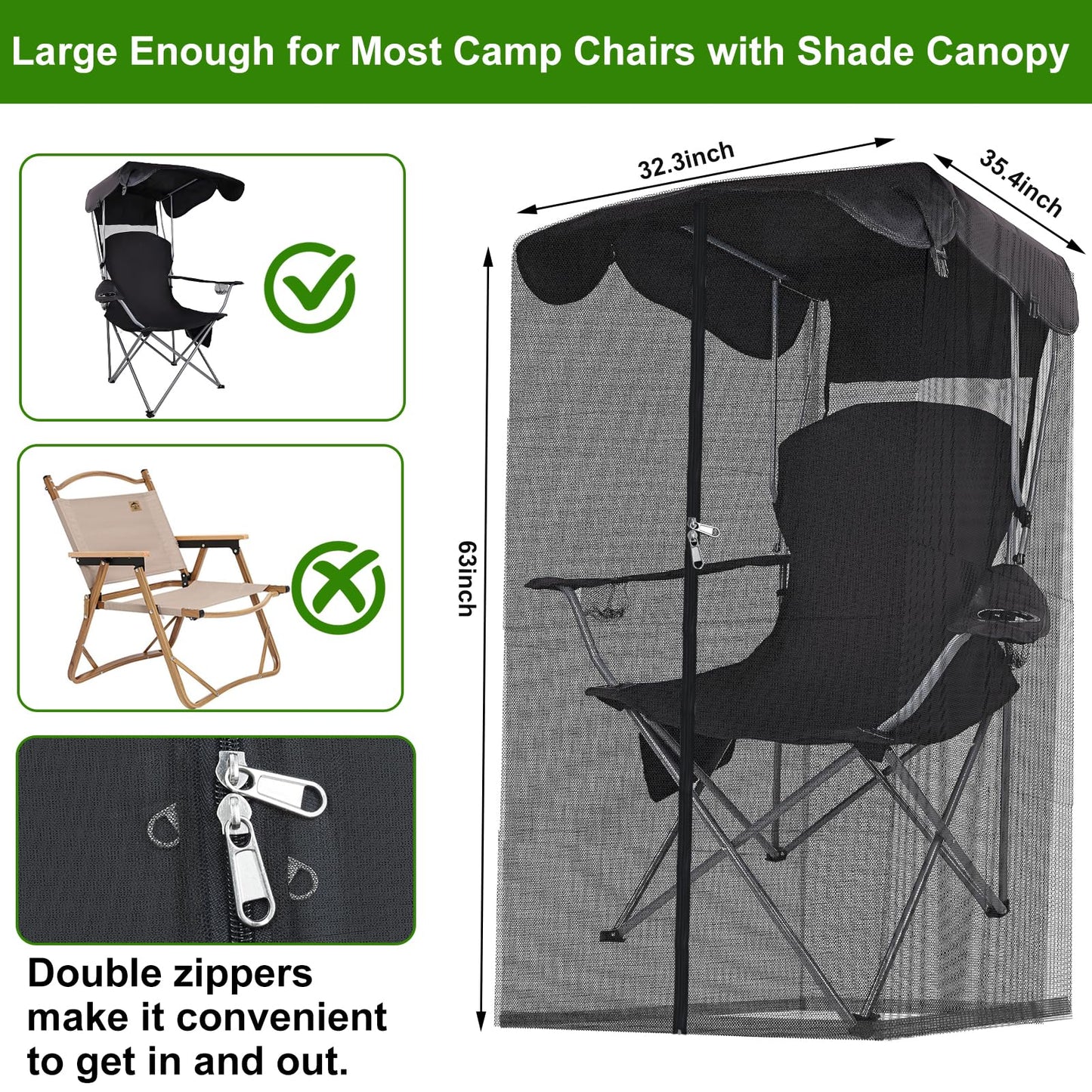 Outdoor Mosquito Net Chair Cover with Canopy – UV & Waterproof, Zippered Entry, Breathable Mesh Tent for Camping, Fishing, Beach Use (Black)