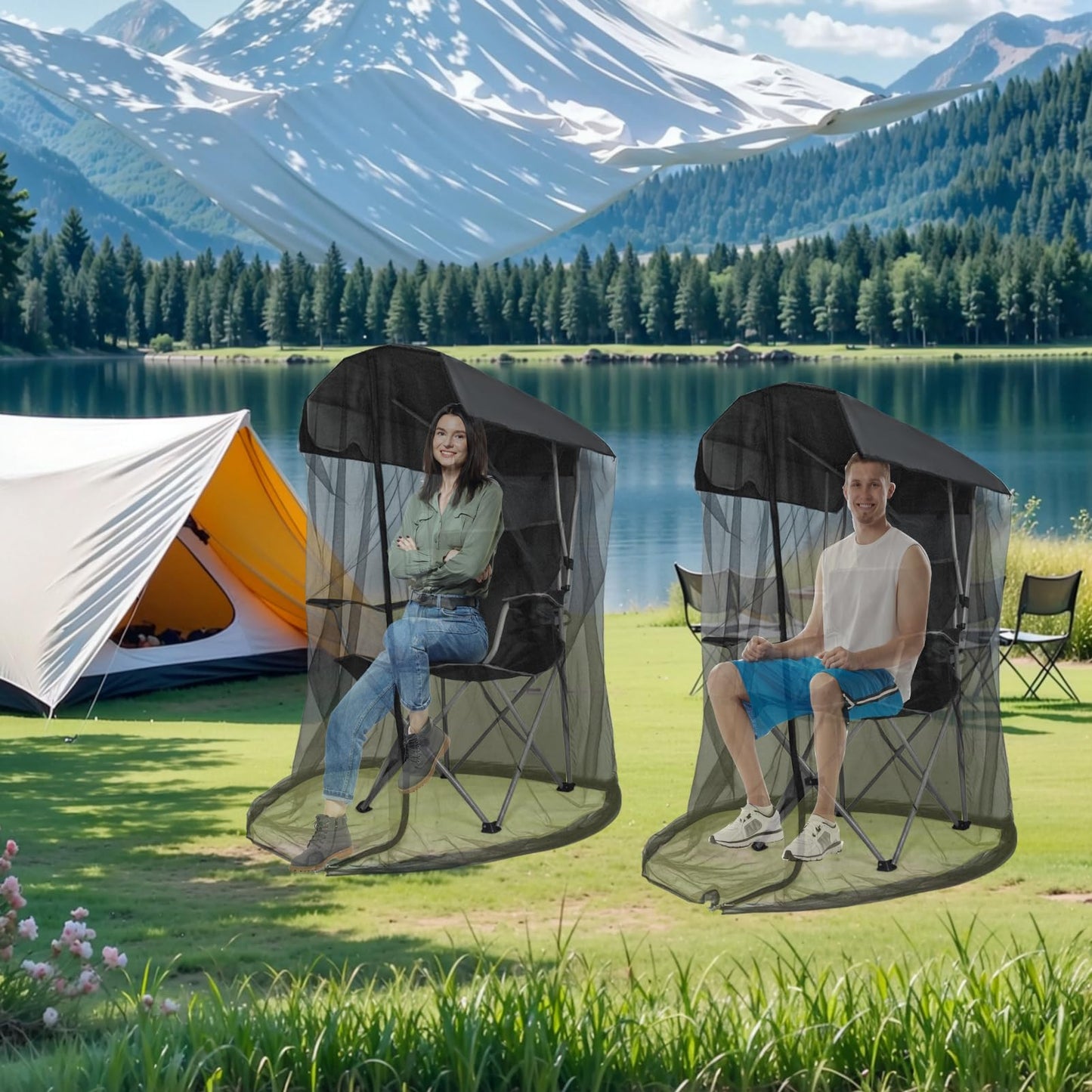 Outdoor Mosquito Net Chair Cover with Canopy – UV & Waterproof, Zippered Entry, Breathable Mesh Tent for Camping, Fishing, Beach Use (Black)