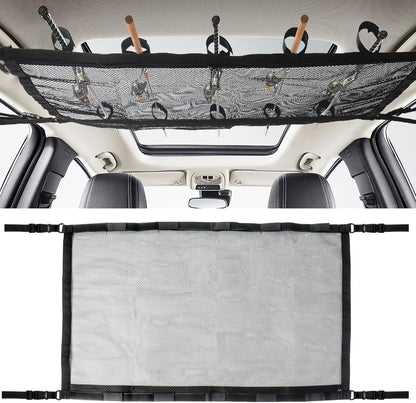 Car Ceiling Fishing Rod Holder, Double Layer Mesh Storage Net, Fits 5 Rods, Black 32 x 22 In