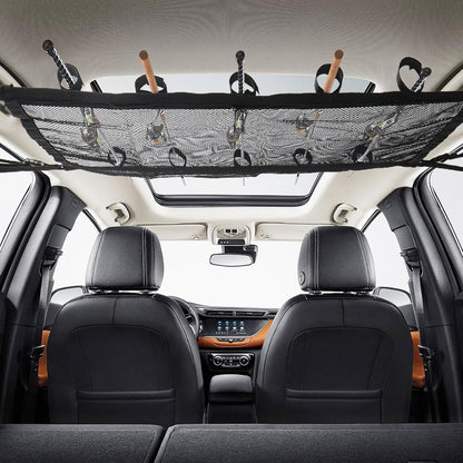Car Ceiling Fishing Rod Holder, Double Layer Mesh Storage Net, Fits 5 Rods, Black 32 x 22 In
