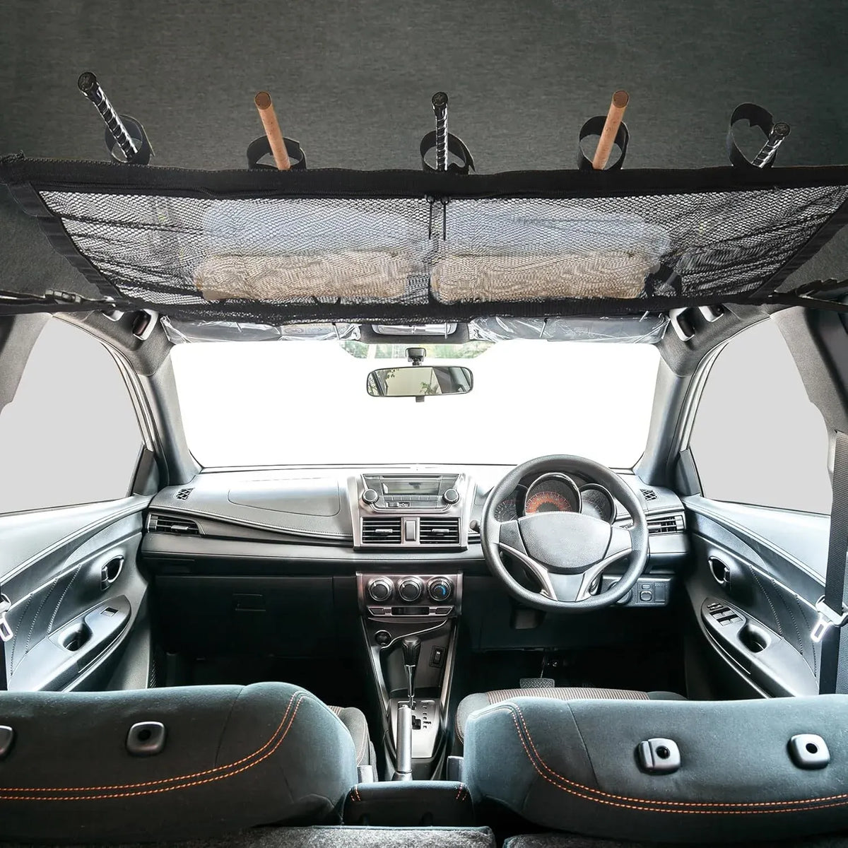 Car Ceiling Fishing Rod Holder, Double Layer Mesh Storage Net, Fits 5 Rods, Black 32 x 22 In