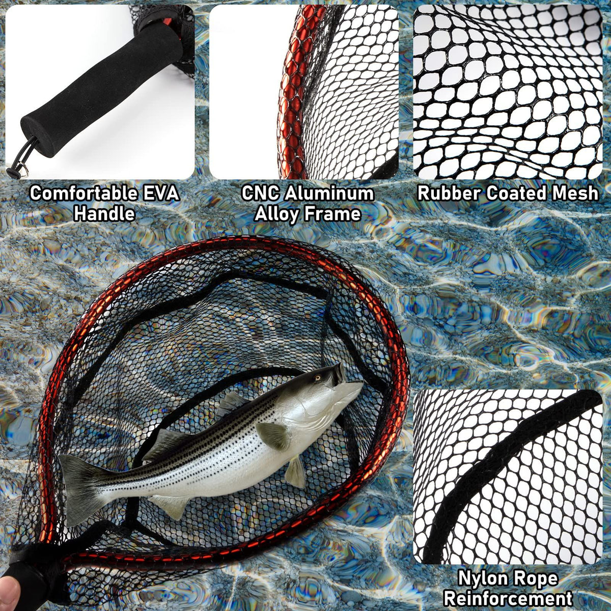 Fly Fishing Net Handle, Fishing Landing Nets Aluminum Alloy Frame, Rubber Coated Mesh Trout Net Kayak Fishing Nets