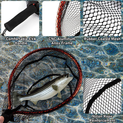 Fly Fishing Net Handle, Fishing Landing Nets Aluminum Alloy Frame, Rubber Coated Mesh Trout Net Kayak Fishing Nets