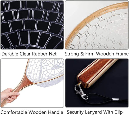 Fly Fishing Landing Net Trout Fishing Net, Soft Rubber Catch and Release Fish Net with Wooden Handle Frame, Gifts for Him