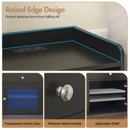 Black Bedside Table with Acrylic Door, Charging Station and RGB LED Light