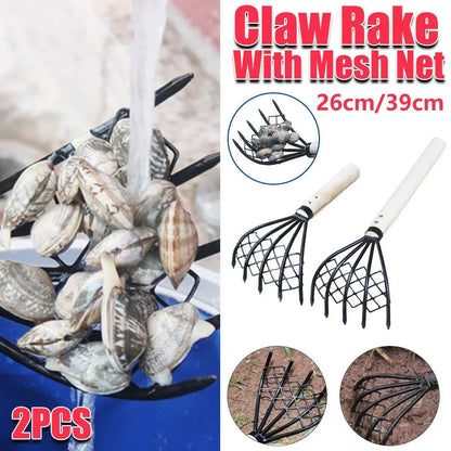 2X Clam Rake Net 5Claw Wood Handle Rake Shell Digging Tool Dig Seafood Tool