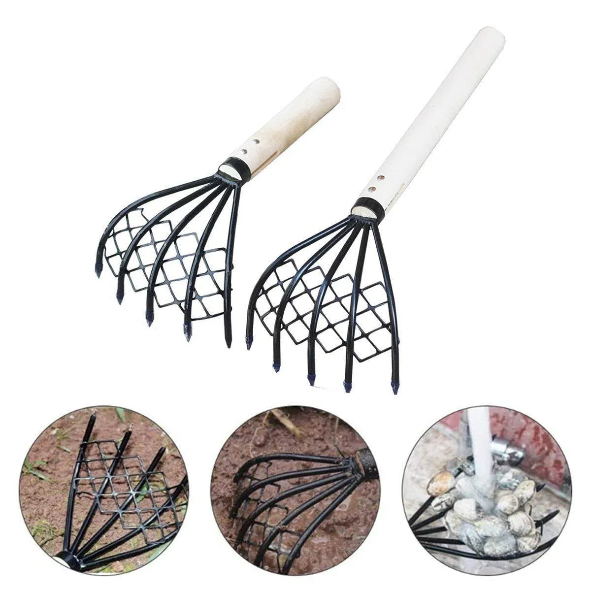 2X Clam Rake Net 5Claw Wood Handle Rake Shell Digging Tool Dig Seafood Tool