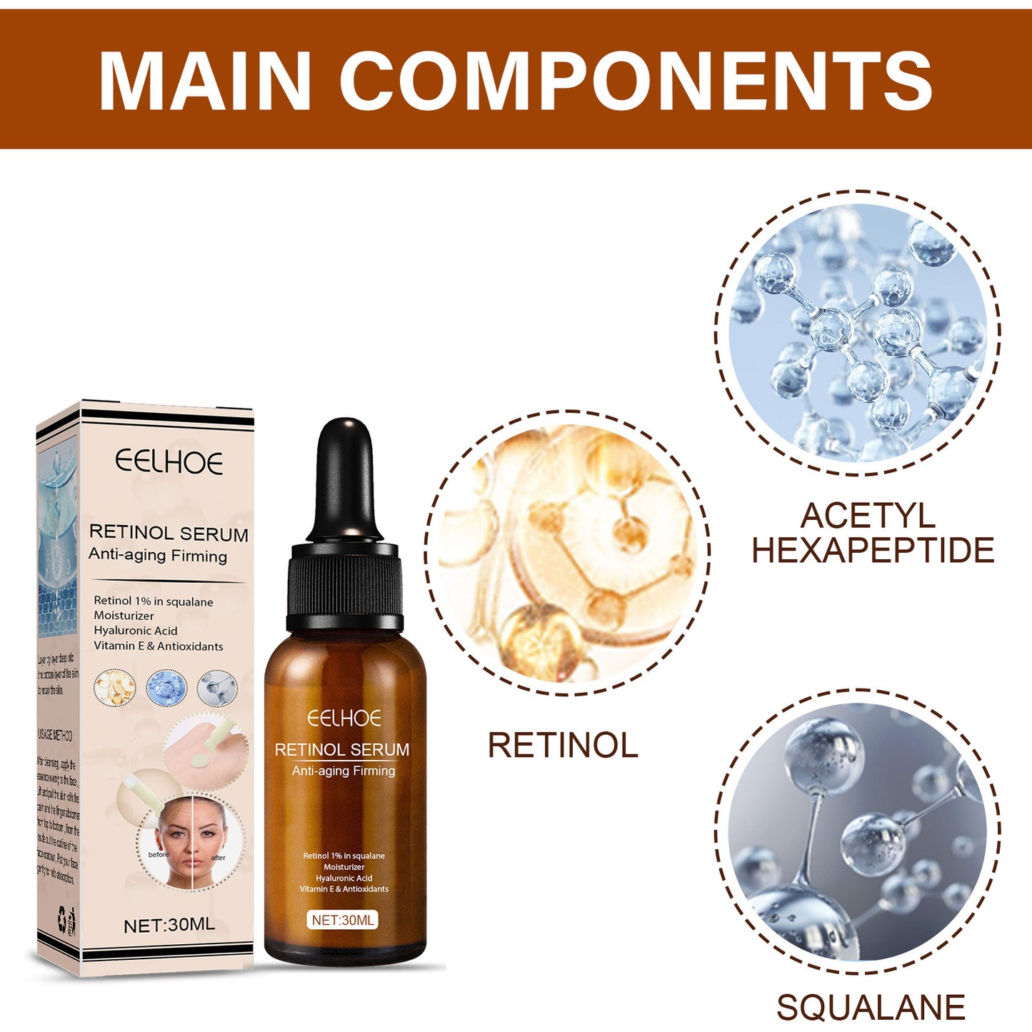 EELHOE Retinol Face Serum, Lightening Fine Lines, Hydrating, Firming, Anti Aging A Pple Skin Repair E Ssence